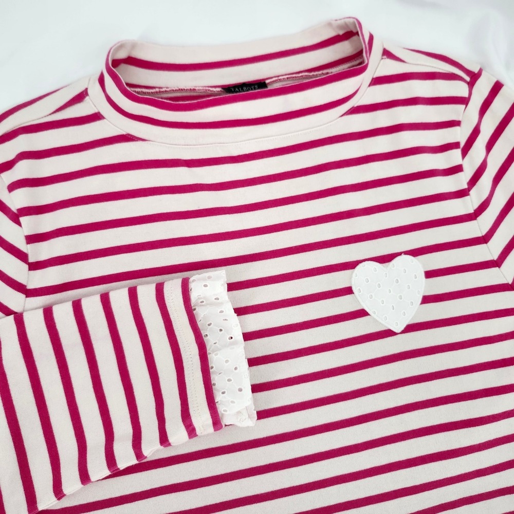 Talbots Womens Pink Striped Heart Eyelet Lace Top Size L Preppy Whimsy Valentine